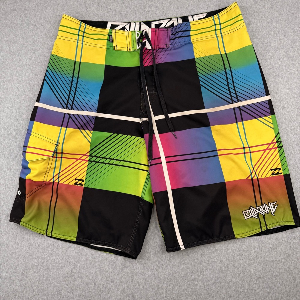 Billabong Board Shorts Mens 38 Y2K VTG Multicolor Plaid Gradient Swim Trunks